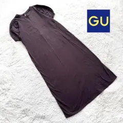 E1【ジーユー】バックオープンワンピース　ロング　半袖　パフ袖　茶色　無地　M