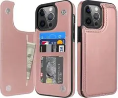 iPhone14 ProMax ケース 手帳型 PUレザー ローズゴールド