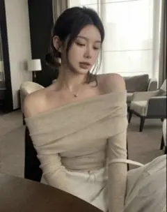 shein オフショルダー ニット キャメル 長袖 レディーストップス