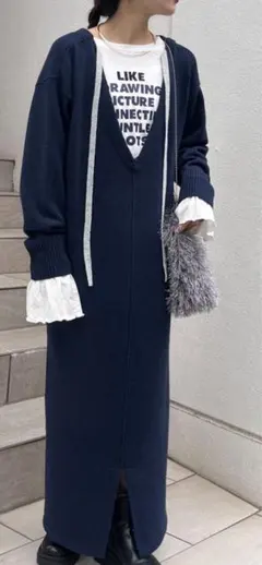ニットロングワンピース Vネック