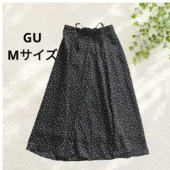 ​GU ジーユー ドット柄 ロングスカート フレア ウエストリボン 黒 M