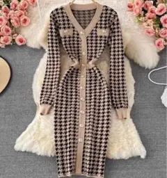 新品未使用✨大人可愛い˚✧₊⁎千鳥格子♡膝下ニットワンピース♡ベージュ×ブラック
