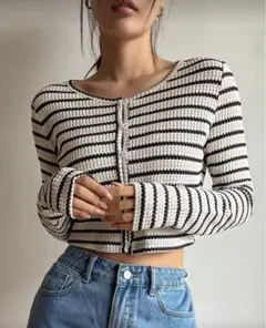 ストライプ クロップドニットカーディガン