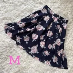 美品♡ ハニーズ　ネイビーフラワープリーツフレアスカート　膝丈　Mサイズ