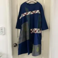 クレッシェントCRESCENT✨ネイビーチェックドット七分袖チュニックワンピMのサムネイル