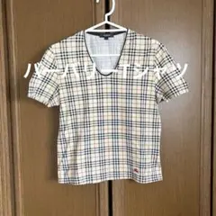 Burberry チェック柄 Vネック 半袖Tシャツ