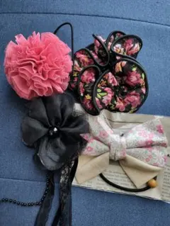 【4点セット】ハンドメイド ヘアゴム・シュシュ & 市販コサージュ まとめ売り