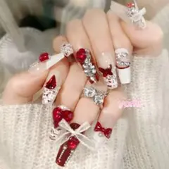 新品匿名配送 ネイルチップ24枚 韓国ネイル 赤リボン 推し活 量産型 地雷系