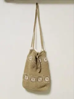 ②フラワー モチーフ編み 巾着 バッグ かぎ針編み