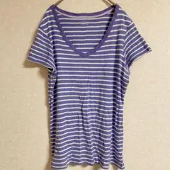 【L】Lands' End 紫と白 ストライプ Vネック Tシャツ 綿100%のサムネイル