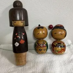 昭和レトロ卯三郎[恋心]伝統的な手描き首振りこけし人形セット3体千円引き