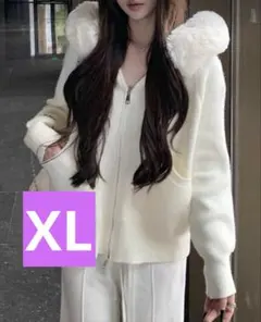 試着のみ SHEIN ファー フード ニット カーディガン XL アプリコット