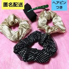 ドット柄シフォンヘアシュシュ3個&ヘアピン1個セット　シュシュヘアゴム　ミニ