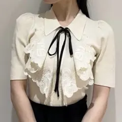 【美品】SNIDEL スナイデル ラッフル刺繍ニットプルオーバー CRM