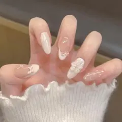 【Sサイズ】10枚セット ネイルチップ ぷっくりフラワー リボン フレンチ清楚系