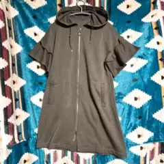 【美品】フード付きブラウン系半袖パーカー