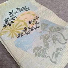 ◆1699◆アンティーク帯　両面　六通柄　袋帯　萩に源氏車　青松　正絹絽　着物