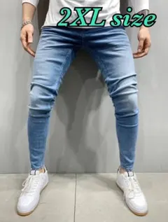 ストレッチ　メンズ　スキニー　2XL   ライトブルー　デニム　パンツ