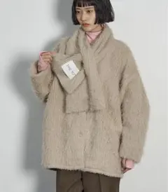 The yon ストールセットヘアリーシャギーノーカラーミドルニットコート