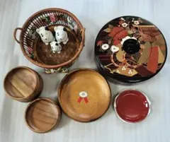 レトロ食器セット 天然木お皿（カゴ・犬調味料入れ付）／蓋付2段寿司桶（小皿付）のサムネイル