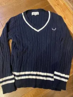 COMONGOLF ネイビー ケーブルニット Vネックセーター