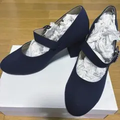 ネイビー ストラップ付き 中ヒールパンプス