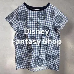 ディズニー ベルメゾン 半袖 M ギンガムチェック 綿麻 総柄 ブルー