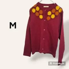 Y874【レトロカーディガン】M　首元 花柄刺繍　毛80