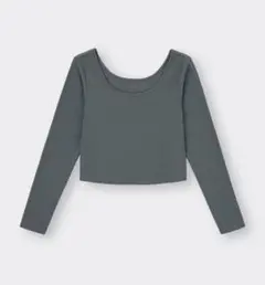 長袖 トップス コットンブレンドリブクロップドワイドネックT バレエコア