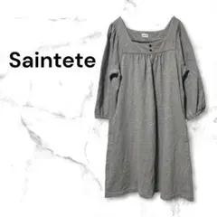 Saintete サンテテ　コットンワンピース　七部袖　グレー　スクエアネック