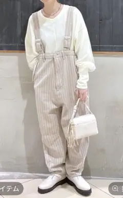 【niko and】ニコアンド ベージュ ストライプ サロペット　L