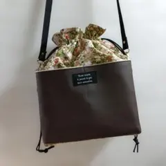 ブラウン花柄巾着ショルダーバッグ ★ハンドメイド★最終値下げ★