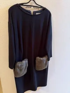 ネイビー ファー付きポケット ワンピース サイズ2
