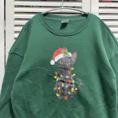 アニマル スウェット 古着 緑 黒猫 ねこ ネコ クリスマス ホリデー