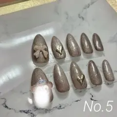 ブラウンベア風◇ちゅるちゅるリボンハート付きネイルチップ10個set