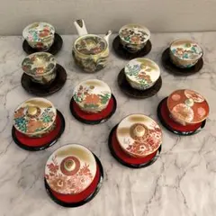 手書き九谷焼湯呑み茶碗１０客、急須、茶托１０枚セット