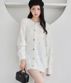 ナイスクラップ NICE CLAUPビジューフェザーロングカーディガン