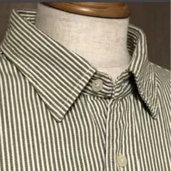 デニム　ストライプ　4L ビックサイズ　 長袖シャツ　オリーブ　コットン　中厚