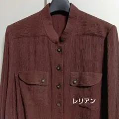 美品 Leilian レリアン ノーカラーブラウス シャツ 皺加工 ゆったり 茶のサムネイル