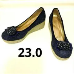 ファーストコンタクト 厚底コンフォートパンプス 23.0 デニム ビジューリボンのサムネイル