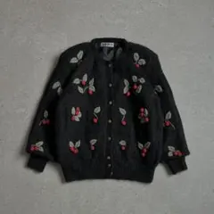 90s vintage デザインニット カーディガン 立体刺繍 モヘア L相当