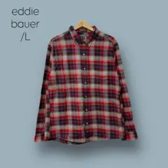 2344 【eddie bauer】　シャツ　ネルシャツ　チェック　赤系　L