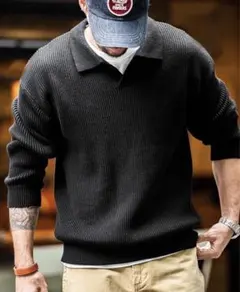 リブ編みポロカラーニットセーターメンズブラックコットンカジュアルビジネス
