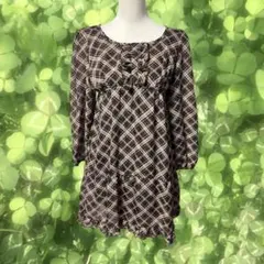 森ガール フェアリーグランジ チェック柄チュニック フリル ブラウン系