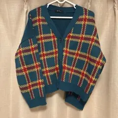 【お値下げ】ターコイズ チェック柄 ニットカーディガン
