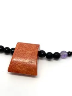 天然石 アフリカ珊瑚 オニキス ペンダント ネックレス アメジスト付き