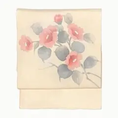 A5 塩瀬 作家物 椿の花模様 金彩 薄ピンク 太鼓 正絹 フォーマルな名古屋帯 A5 塩瀬 作家物 椿の花模様 金彩 薄ピンク 太鼓 正絹 フォーマル