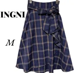 INGNI タータンチェック フレアスカート M ラップ巻 紺 リボン フリル