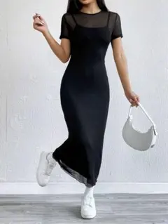 SHEIN EZwearマキシ丈ボディコンドレス ソリッド&コントラストメッシュ