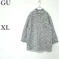 ジーユー　GU リネン混 花柄シャツ 小花柄 青系 白 七分袖 ゆったり XL